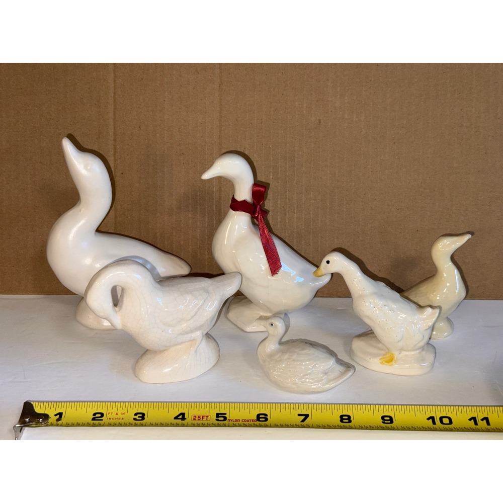Vintage White Ceramic Goose Duck Figurine Set 6pc Lot Farm Country Decor